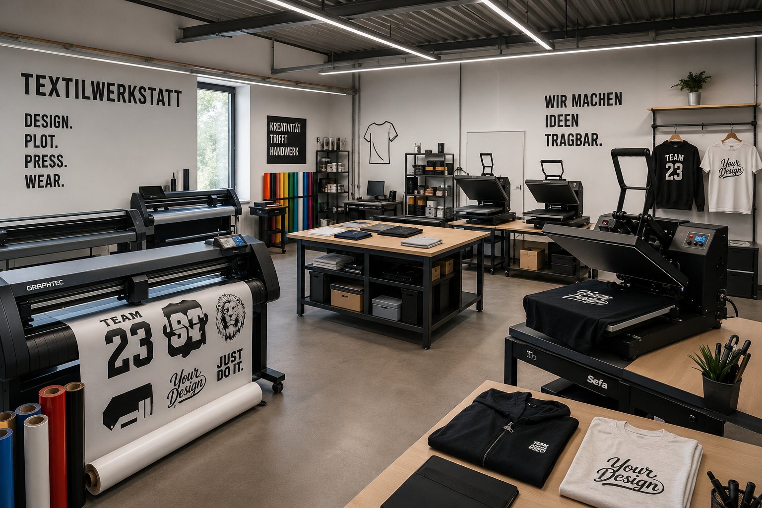 Textilwerkstatt Marketing-MV — Plotter, Heißpresse und veredelte Shirts